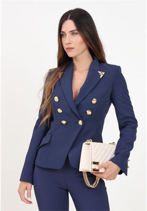 Blue double-breasted women's jacket with tips ELISABETTA FRANCHI | GI09546E2B75